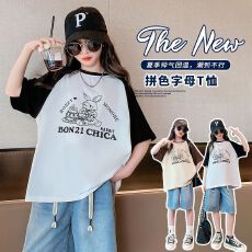 批发牛仔裤两件套<b class='q'>女</b><b class='q'>童</b>夏装韩版套装女孩卡通T短袖短裤t恤时髦两件套潮