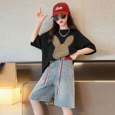 批发牛仔裤两件套<b class='q'>女</b><b class='q'>童</b>夏装韩版套装女孩卡通T短袖短裤t恤时髦两件套潮