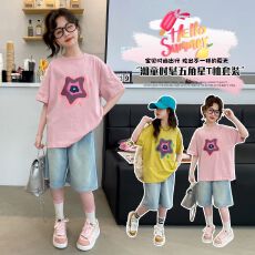 批发牛仔裤两件套<b class='q'>女</b><b class='q'>童</b>夏装韩版套装女孩时尚T短袖短裤t恤时髦两件套潮