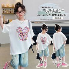 批发牛仔裤两件套<b class='q'>女</b><b class='q'>童</b>夏装韩版套装女孩时尚T短袖短裤t恤时髦两件套潮