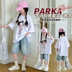 批发牛仔裤两件套<b class='q'>女</b><b class='q'>童</b>夏装韩版套装女孩卡通T短袖短裤t恤时髦两件套潮