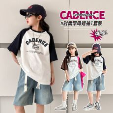 批发牛仔裤两件套<b class='q'>女</b><b class='q'>童</b>夏装韩版套装女孩卡通T短袖短裤t恤时髦两件套潮