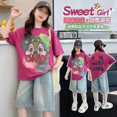 批发牛仔裤两件套<b class='q'>女</b><b class='q'>童</b>夏装韩版套装女孩时尚T短袖短裤t恤时髦两件套潮