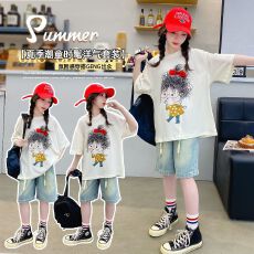 批发牛仔裤两件套<b class='q'>女</b><b class='q'>童</b>夏装韩版套装女孩卡通T短袖短裤t恤时髦两件套潮
