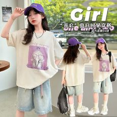 批发牛仔裤两件套<b class='q'>女</b><b class='q'>童</b>夏装韩版套装女孩时尚T短袖短裤t恤时髦两件套潮