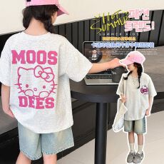 批发牛仔裤两件套<b class='q'>女</b><b class='q'>童</b>夏装韩版套装女孩卡通T短袖短裤t恤时髦两件套潮