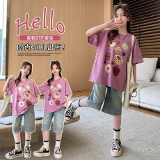 批发牛仔裤两件套<b class='q'>女</b><b class='q'>童</b>夏装韩版套装女孩卡通T短袖短裤t恤时髦两件套潮