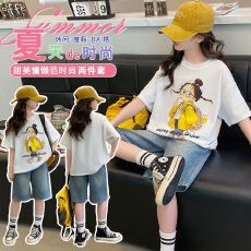 批发牛仔裤两件套<b class='q'>女</b><b class='q'>童</b>夏装韩版套装女孩时尚T短袖短裤t恤时髦两件套潮