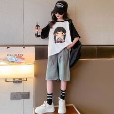 批发牛仔裤两件套<b class='q'>女</b><b class='q'>童</b>夏装韩版套装女孩时尚T短袖短裤t恤时髦两件套潮