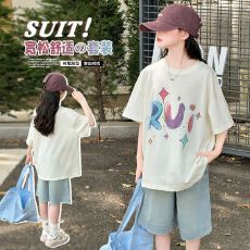批发牛仔裤两件套<b class='q'>女</b><b class='q'>童</b>夏装韩版套装女孩时尚T短袖短裤t恤时髦两件套潮
