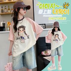 批发牛仔裤两件套<b class='q'>女</b><b class='q'>童</b>夏装韩版套装女孩时尚T短袖短裤t恤时髦两件套潮