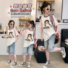 批发牛仔裤两件套<b class='q'>女</b><b class='q'>童</b>夏装韩版套装女孩时尚T短袖短裤t恤时髦两件套潮