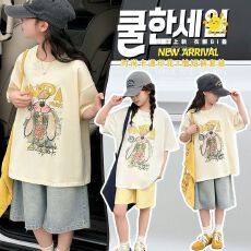批发牛仔裤两件套<b class='q'>女</b><b class='q'>童</b>夏装韩版套装女孩时尚T短袖短裤t恤时髦两件套潮