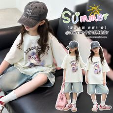 批发牛仔裤两件套<b class='q'>女</b><b class='q'>童</b>夏装韩版套装女孩卡通T短袖短裤t恤时髦两件套潮