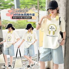批发牛仔裤两件套<b class='q'>女</b><b class='q'>童</b>夏装韩版套装女孩卡通T短袖短裤t恤时髦两件套潮