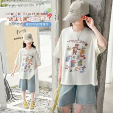 批发牛仔裤两件套<b class='q'>女</b><b class='q'>童</b>夏装韩版套装女孩时尚T短袖短裤t恤时髦两件套潮