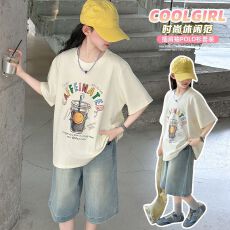 批发牛仔裤两件套<b class='q'>女</b><b class='q'>童</b>夏装韩版套装女孩时尚T短袖短裤t恤时髦两件套潮