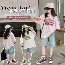 批发牛仔裤套装<b class='q'>女</b><b class='q'>童</b>夏装韩版套装女孩卡通T短袖短裤t恤时髦两件套潮