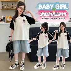 批发牛仔裤两件套<b class='q'>女</b><b class='q'>童</b>夏装韩版套装女孩卡通T短袖短裤t恤时髦两件套潮