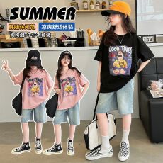 批发牛仔裤两件套<b class='q'>女</b><b class='q'>童</b>夏装韩版套装女孩时尚T短袖短裤t恤时髦两件套潮