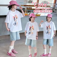批发牛仔裤两件套<b class='q'>女</b><b class='q'>童</b>夏装韩版套装女孩时尚T短袖短裤t恤时髦两件套潮