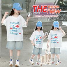 批发牛仔裤两件套<b class='q'>女</b><b class='q'>童</b>夏装韩版套装女孩时尚T短袖短裤t恤时髦两件套潮