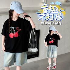 批发牛仔裤两件套<b class='q'>女</b><b class='q'>童</b>夏装韩版套装女孩卡通T短袖短裤t恤时髦两件套潮