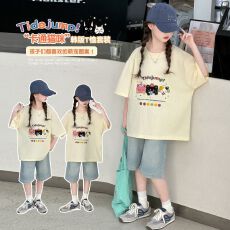 批发牛仔裤两件套<b class='q'>女</b><b class='q'>童</b>夏装韩版套装女孩时尚T短袖短裤t恤时髦两件套潮