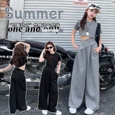 批发<b class='q'>女</b><b class='q'>童</b>套装2026夏季新款中大童时尚洋气短款短袖不规则高腰阔腿裤潮