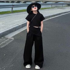 批发<b class='q'>女</b><b class='q'>童</b>套装夏季新款韩系不规则拼接T恤中大童洋气时尚阔腿裤两件套
