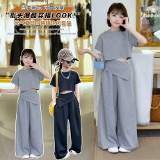 批发<b class='q'>女</b><b class='q'>童</b>潮款套装夏季新款韩版中大童不规则拼接短袖高腰阔腿裤两件套