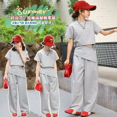 批发<b class='q'>女</b><b class='q'>童</b>韩版套装2026夏季新款洋气中大童宽松短袖T恤阔腿裤两件套