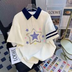 批发<b class='q'>女</b><b class='q'>童</b><b class='q'>夏装</b>Polo衫夏季透气星星印花儿童中大童学院风撞色翻领上衣潮