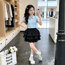 批发<b class='q'>女</b><b class='q'>童</b>夏季套装2026新款中大童学院风POLO领T恤时尚蛋糕裙两件套潮