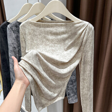 批发官图大码女装一字肩打底衫女春<b class='q'>秋</b>高级感不规则水墨扎染胖上衣