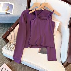 批发实拍大码女装韩系紫色吊带背心开衫女春<b class='q'>秋</b>修身内搭长袖上衣两件套