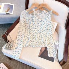 批发实拍<b class='q'>大码</b>女装双层网纱碎花长袖<b class='q'>开衫</b>女春夏季新款上衣吊带两件套