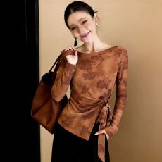 批发实拍大码女装高级感春夏双层<b class='q'>网纱</b>长袖t恤新款打底衫绑带上衣防晒