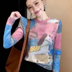 批发官拍大码女装韩版时尚设计感扎染防晒双层<b class='q'>网纱</b>T恤新款别致上衣