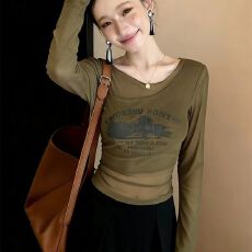 批发官拍<b class='q'>大码</b>女装双层网纱复古印花长袖打底衫女内搭春秋修身短款上衣