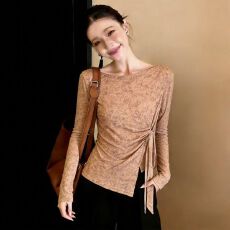 批发官拍<b class='q'>大码</b>女装春秋季双层韩版印花气质绑带长袖T恤新款网纱上衣