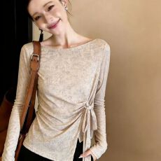 批发官拍<b class='q'>大码</b>女装春秋季双层韩版印花气质绑带长袖T恤新款网纱上衣