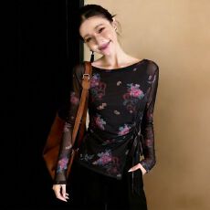 批发官拍<b class='q'>大码</b>女装春秋双层韩版印花气质绑带长袖T恤女新款网纱上衣