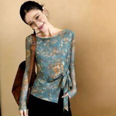 批发官拍<b class='q'>大码</b>女装爆款春秋双层韩版印花气质绑带长袖女新款网纱上衣