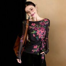 批发官拍<b class='q'>大码</b>女装春秋双层韩版印花气质绑带长袖T恤女新款网纱上衣