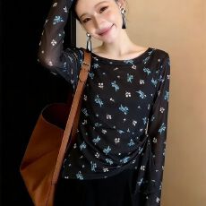 批发官拍<b class='q'>大码</b>女装春秋双层韩版印花气质绑带长袖T恤女新款网纱上衣