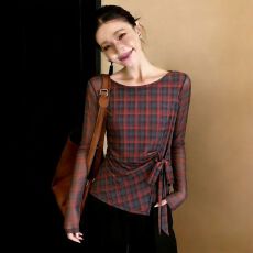 批发官拍<b class='q'>大码</b>女装T恤双层网纱春季新款扎染印花不规则绑带长袖上衣