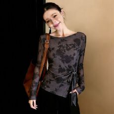 批发官拍大码<b class='q'>女</b>装春秋双层韩版印花气质绑带<b class='q'>长袖</b><b class='q'>T</b><b class='q'>恤</b><b class='q'>女</b>新款网纱上衣