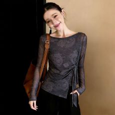 批发官拍大码<b class='q'>女</b>装春秋双层韩版印花气质绑带<b class='q'>长袖</b><b class='q'>T</b><b class='q'>恤</b><b class='q'>女</b>新款网纱上衣