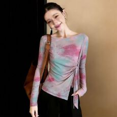 批发官图双层大码<b class='q'>女</b>装春季不规则绑带<b class='q'>T</b><b class='q'>恤</b>修身百搭打底衫法式晕染上衣